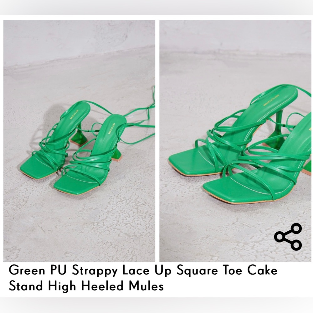 Green PU Strappy Lace Up Square Toe Cake Stand High Heeled Mules